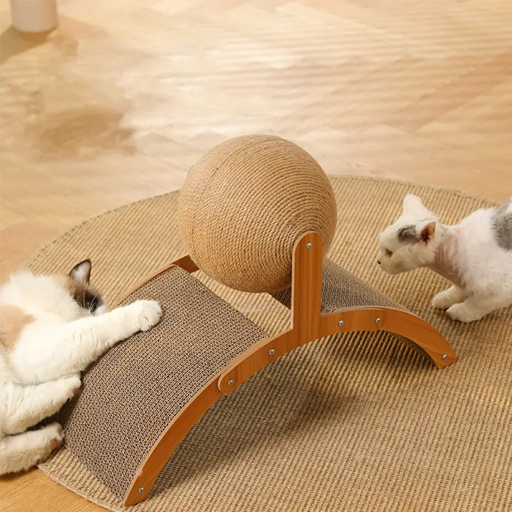 "2-in-1 Cat Scratching Ball: Wooden Sisal Scratch Board & Wear-Resistant Solid Wood Scraper!"