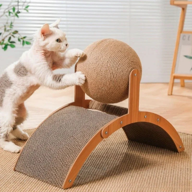 "2-in-1 Cat Scratching Ball: Wooden Sisal Scratch Board & Wear-Resistant Solid Wood Scraper!"