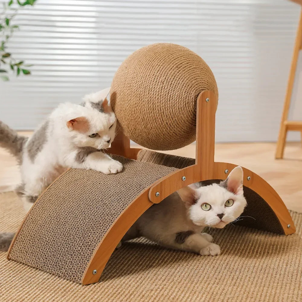 "2-in-1 Cat Scratching Ball: Wooden Sisal Scratch Board & Wear-Resistant Solid Wood Scraper!"