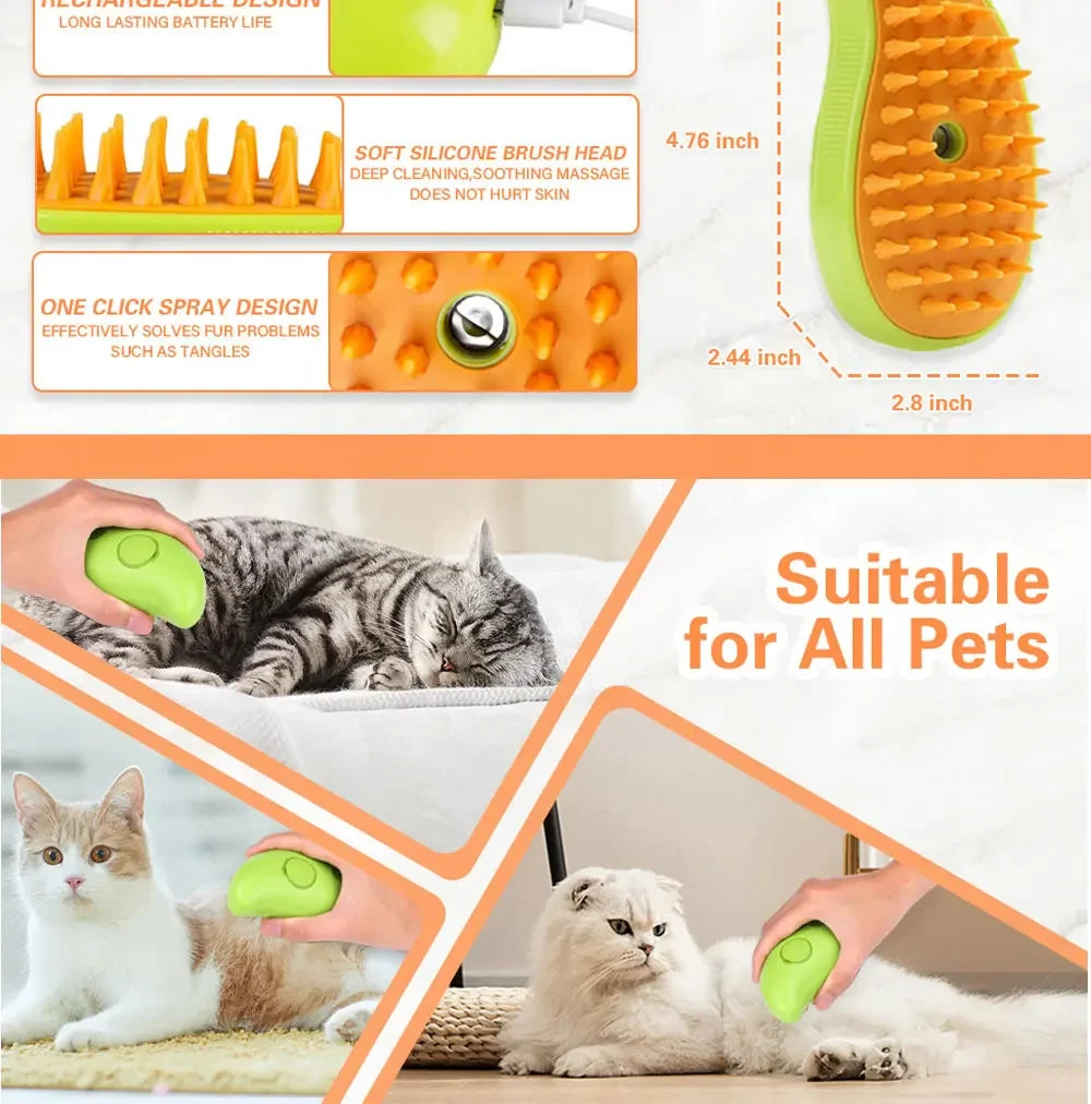 "3-in-1 Electric Steamy Pet Brush: Massage, Groom, and De-Shed!"