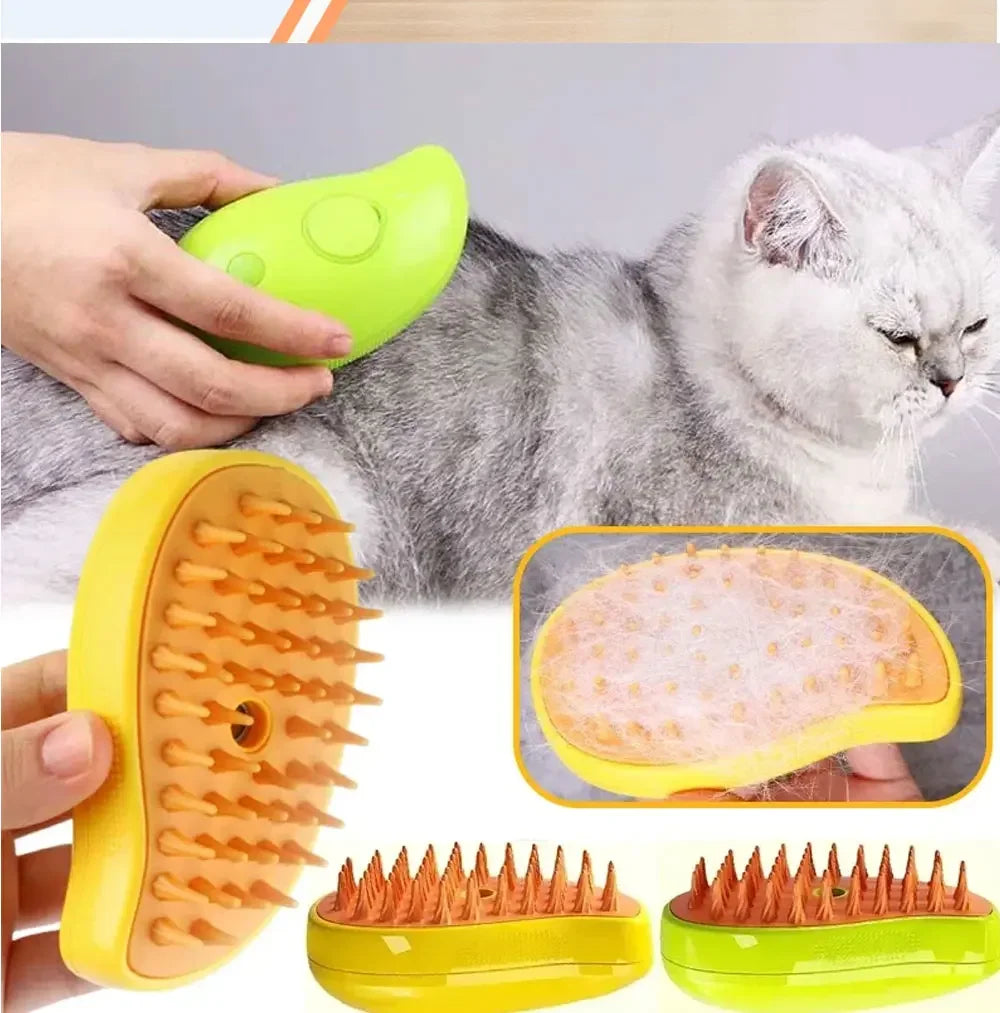 "3-in-1 Electric Steamy Pet Brush: Massage, Groom, and De-Shed!"