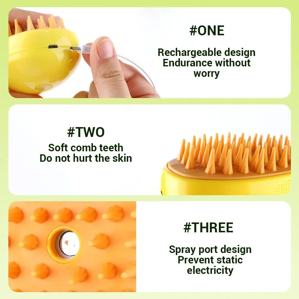 "3-in-1 Electric Steamy Pet Brush: Massage, Groom, and De-Shed!"