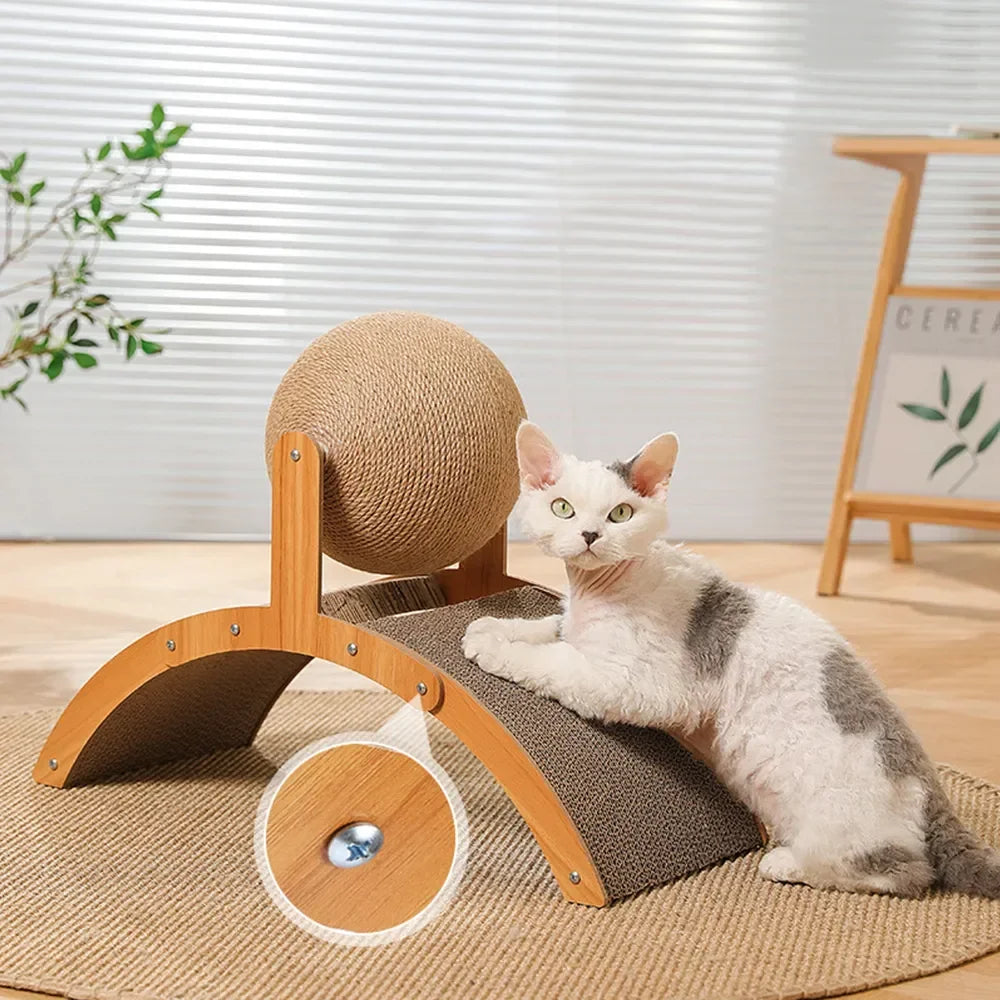 "2-in-1 Cat Scratching Ball: Wooden Sisal Scratch Board & Wear-Resistant Solid Wood Scraper!"