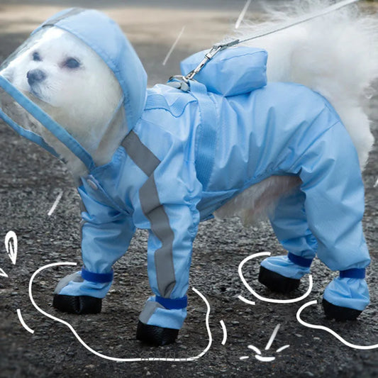 "Reflective Waterproof Hooded Poncho: Four-Legged Raincoat with Rainshoes and Traction Buckle - Perfect Outdoor Apparel for Dogs!"