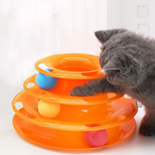 "Interactive Cat Toy: Three-Layer Turntable with Educational Track and Space Tower Play Plate!"